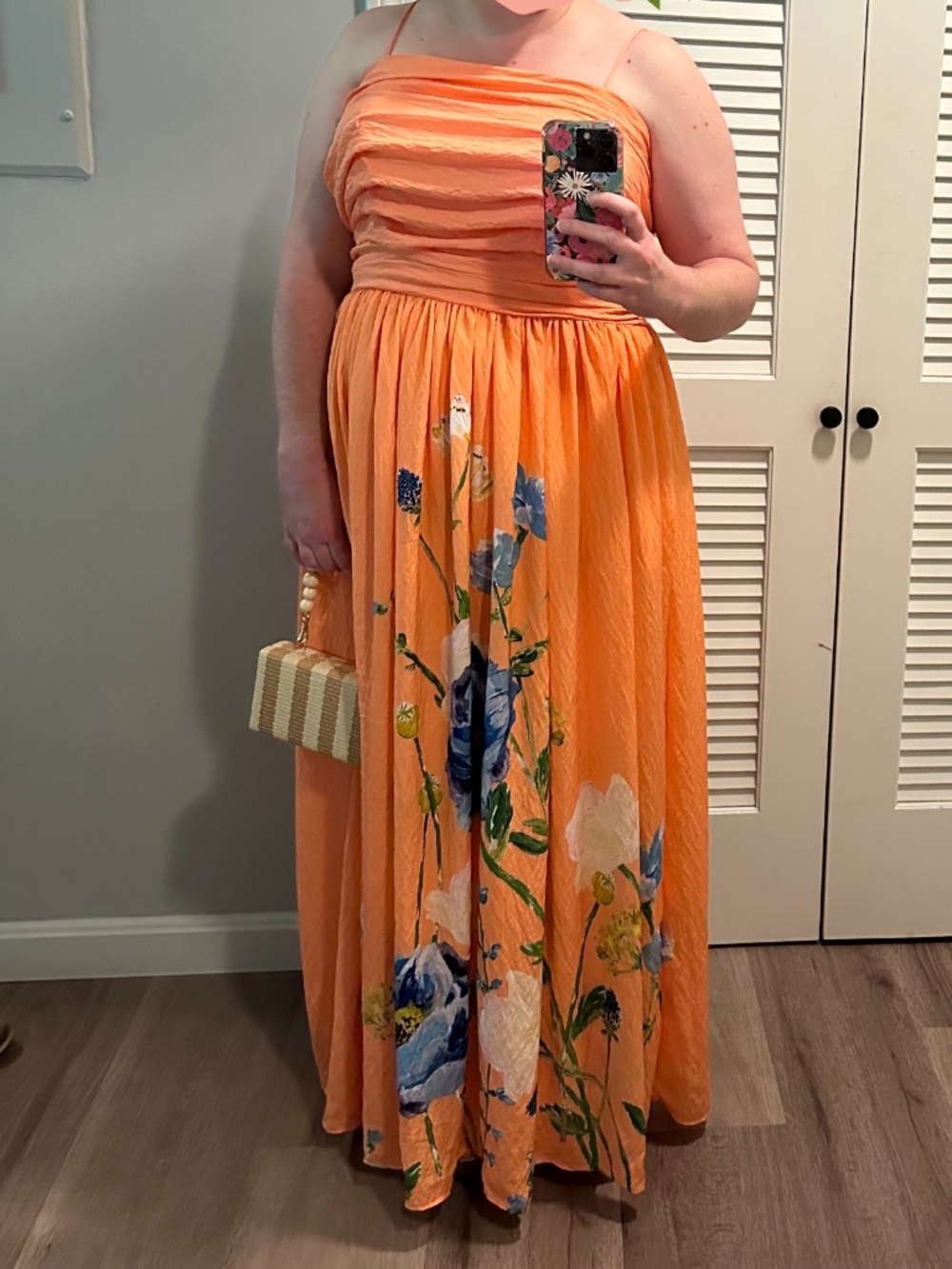 Anthropologie The Lorelei Ruched-Bodice Midi Dress 1X Coral w Blue Floral - Picture 4 of 4